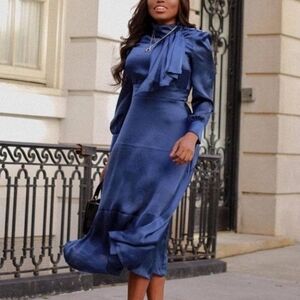 Alexia Admor Brooklyn Midi Dress Cobalt Blue Mock Tie Neck Satin Size 8